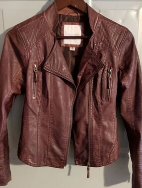 Maurices Burgundy Faux Leather Moto Jacket with Quilted Shoulders